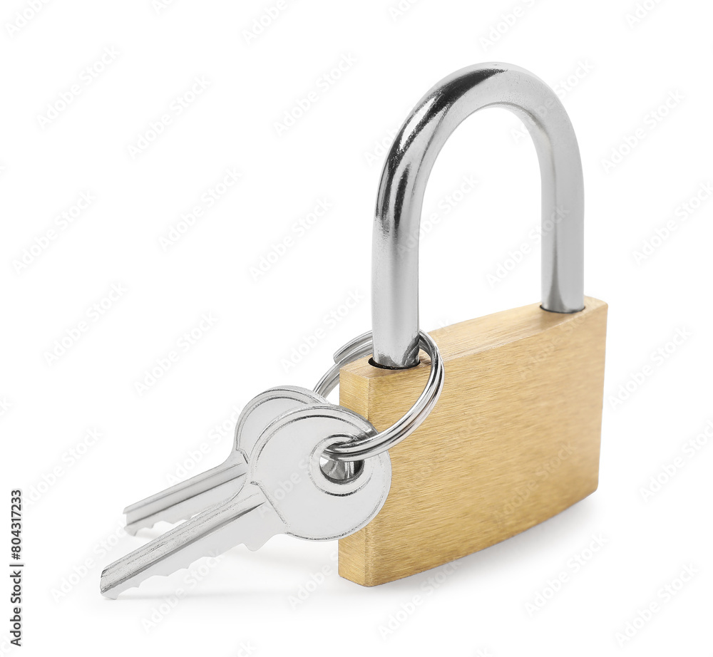Steel padlock and keys isolated on white Steel padlock and keys isolated on white