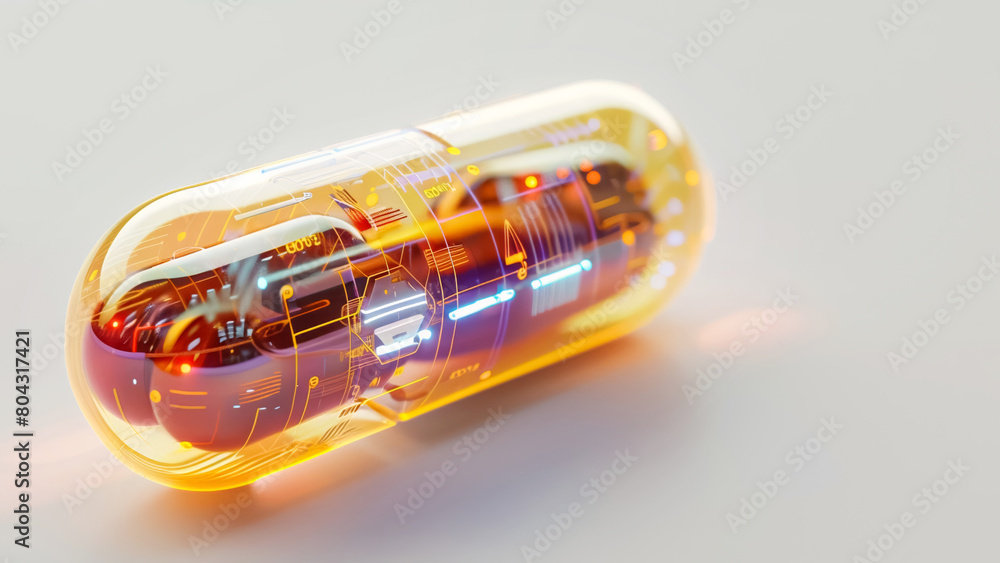 Naklejka premium Conceptual smart capsule with internal circuitry and glowing elements.