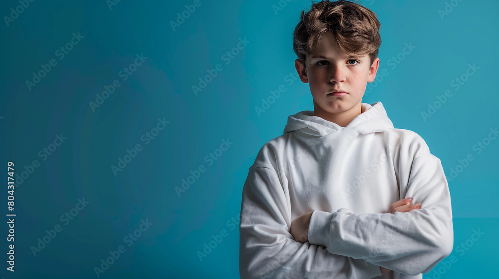 Fototapeta premium Casual headshot of a defiant teen with their arms crossed on a solid studio background