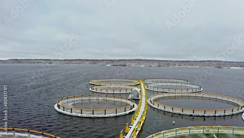 Winter on Organic Fish Farms. Aerial drone shot