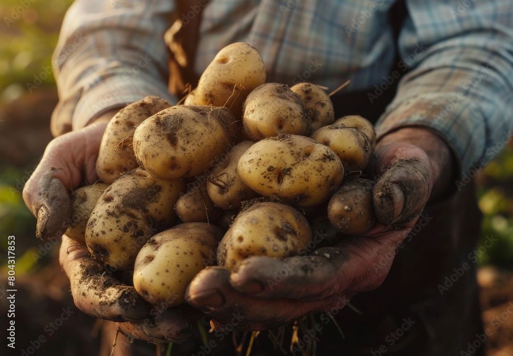 Close-up: Mature farmer's hands display fresh potatoes harvested from countryside bio farm. Close-up: Mature farmer's hands display fresh potatoes harvested from countryside bio farm.
