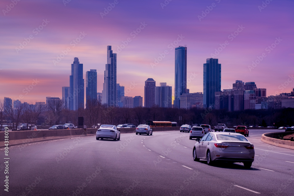  Highway with  city skyline during sunset, Chicago downtown cityscape,