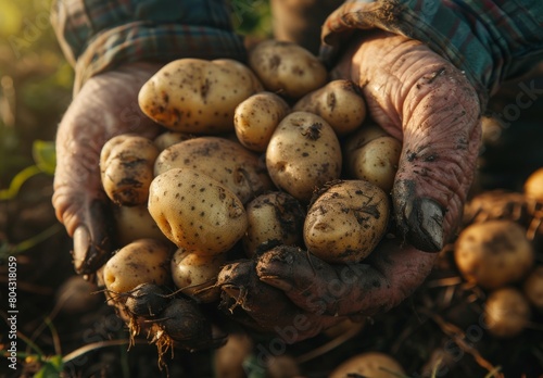 Close-up: Mature farmer's hands display fresh potatoes harvested from countryside bio farm. 