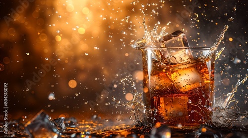 Captivating Whiskey Glass with Dynamic Splash and Ice Cubes. A Toast to Celebration. High-Speed Photography. Perfect for Advertisement. Warm Toned Background. AI