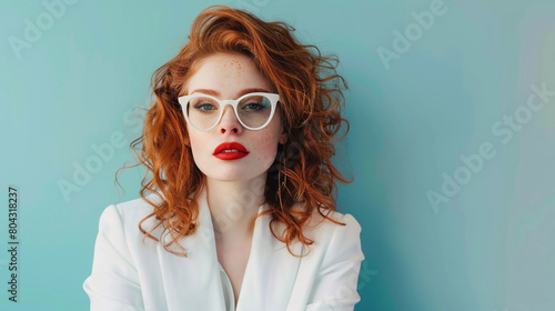 Wallpaper Mural Casual headshot of a ginger, red-haired woman in a white blazer wearing red lipstick on a solid studio background Torontodigital.ca