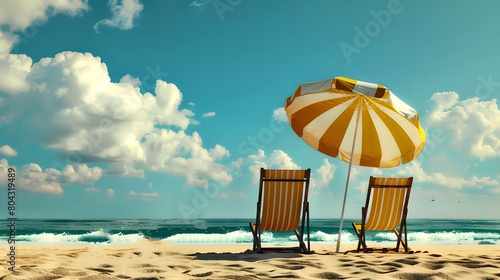 Relaxing beach day with two chairs and umbrella, serene ocean backdrop, inviting summer vacation scene. Perfect for travel and leisure themes. AI © Irina Ukrainets