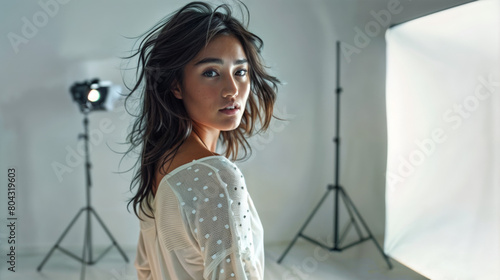 femme asiatique dans un studio photo portant un pullover blanc photo