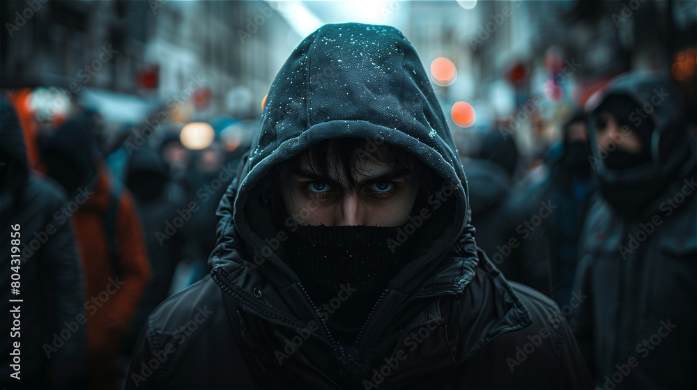 Criminal robber stands in the crowd Criminal robber stands in the crowd