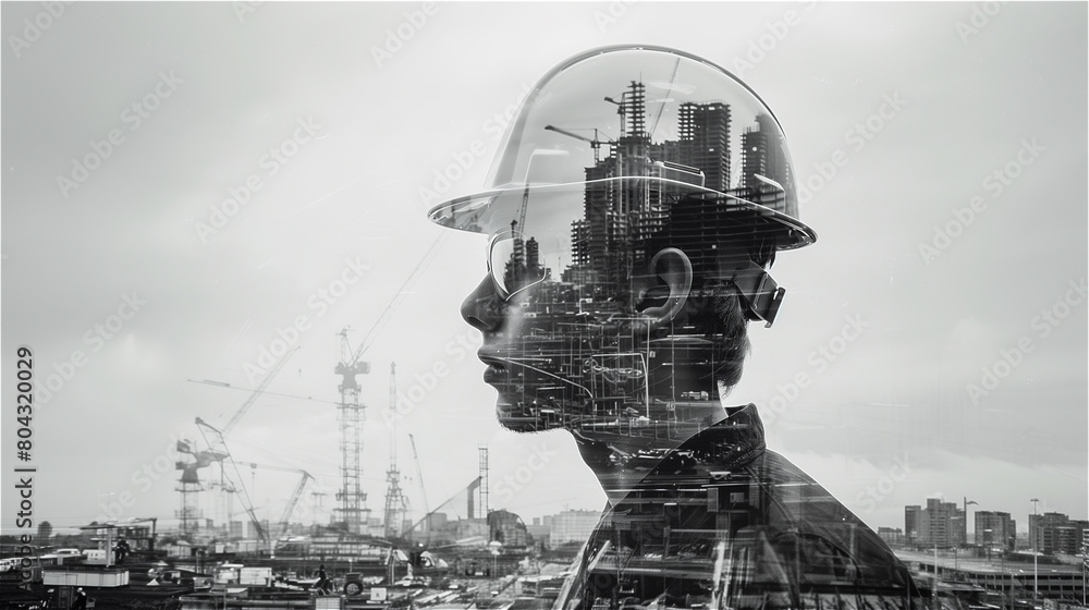 Portrait of a young construction worker overlaid with a construction site Portrait of a young construction worker overlaid with a construction site