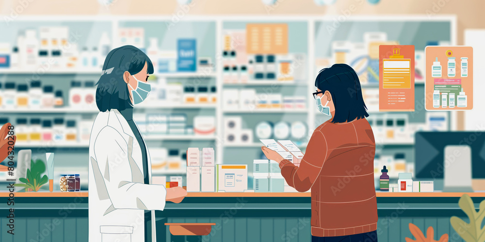 Female pharmacist in a mask engaging with a customer over prescriptions at a well-stocked pharmacy counter. Female pharmacist in a mask engaging with a customer over prescriptions at a well-stocked pharmacy counter.