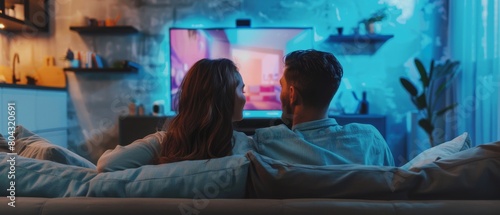 A couple is watching TV with big flat screen display at home. They are sitting on a couch watching reality shows or infomercials in their stylish loft apartment. photo