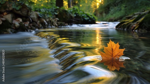 A single leaf floating down a gently flowing stream, the water's surface creating smooth, flowing lines that guide the leaf's journey through a serene forest setting. 32k © boos