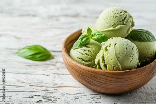 Scoops of green tea and basil ice cream in a wooden bowl on a white wooden background with copy space