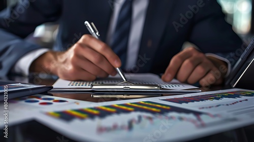 Business professional analyzing financial documents with graphs of stock market trends photo