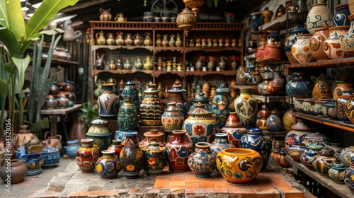A colorful display of handcrafted ceramic pots and vases