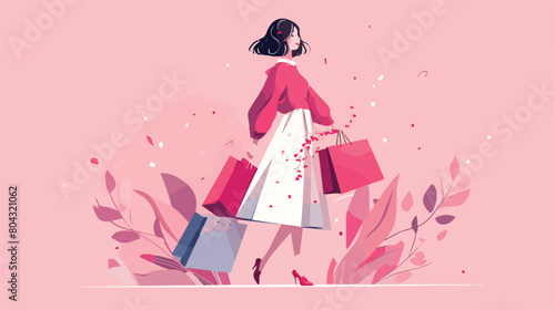 Happy young woman with shopping bags on pink backgr © Mishi