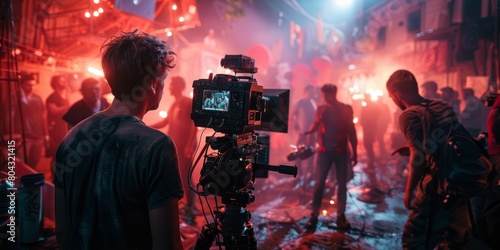 A cameraman is filming a scene in a war zone. photo