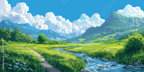 Vector - A peaceful landscape illustration depicting a river meandering through a green valley under a bright sky.
