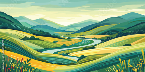 Vector - An artistic landscape illustration showing a river winding through a lush valley, framed by rolling green hills