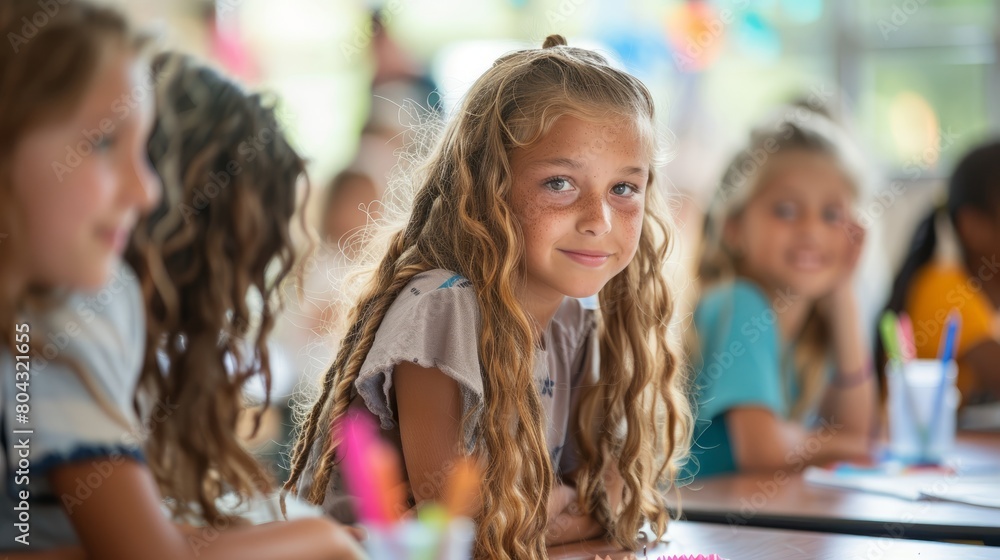 A young girl with long blonde curly hair sitting in a classroom smiling at the camera. A young girl with long blonde curly hair sitting in a classroom smiling at the camera.