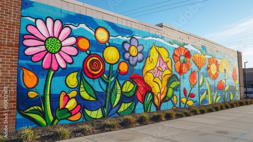 A mural of colorful flowers painted on a brick wall.