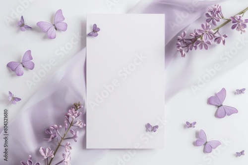 A blank white paper is placed on a white background. There are some purple flowers and butterflies around the paper.