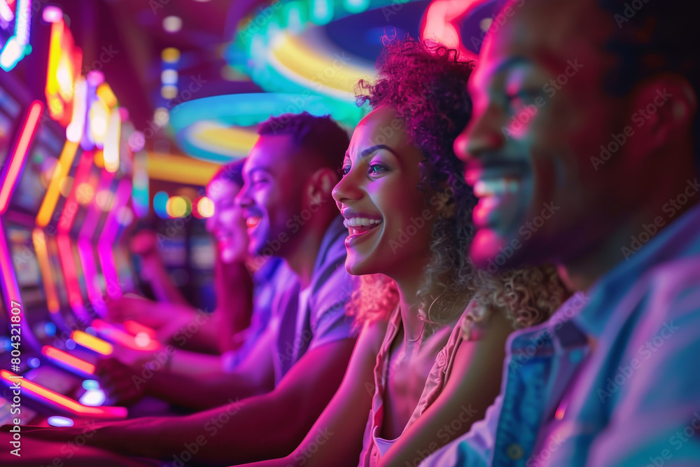 Fototapeta premium Young people enjoying slot machine games at a casino.