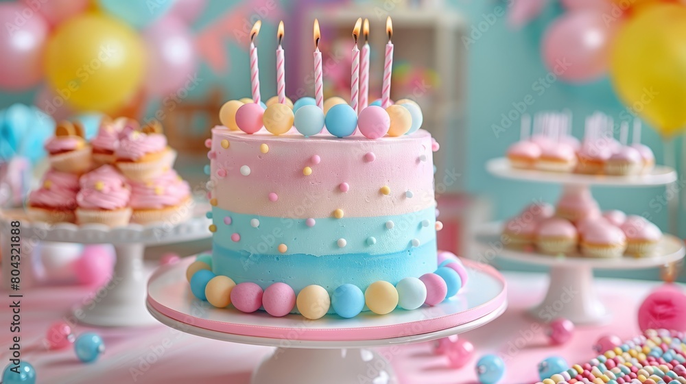 A beautiful birthday cake with lit candles sits on a table covered in pastel colored balloons and cupcakes. A beautiful birthday cake with lit candles sits on a table covered in pastel colored balloons and cupcakes.