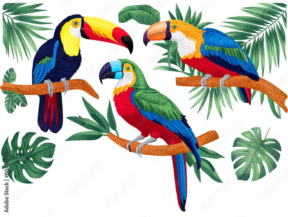 Tropical bird with embroidery effect and texture