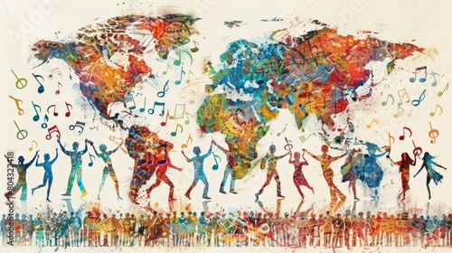 A watercolor painting of the world map with people dancing and making music.