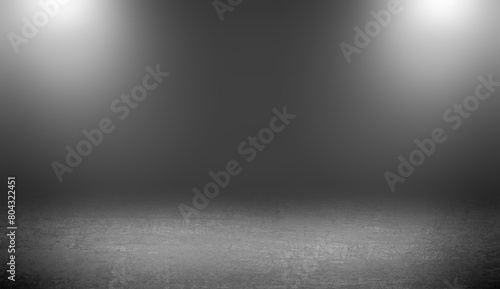Two lights top illuminated dark grey empty room. Cement floor. 3D background. photo