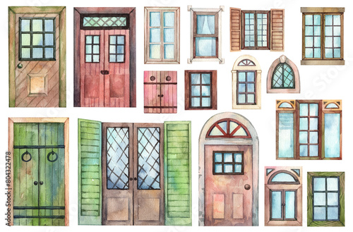 Set of hand drawn windows and doors. Architectural elements - ornate window frames, wooden and glass doors. Watercolor hand drawn illustrations (ID: 804322478)