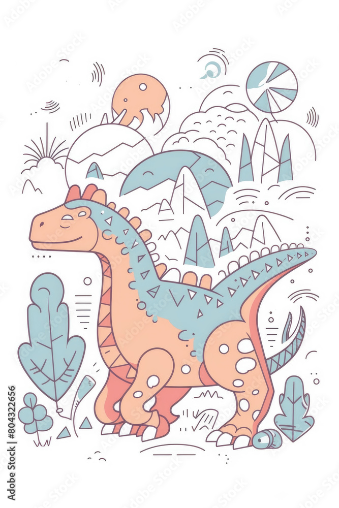 A detailed illustration of a dinosaur standing, with a colorful beach ball in the background