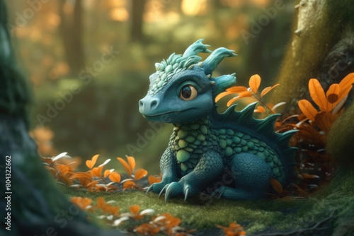 A blue dragon is sitting in the center of a dense forest  surrounded by tall trees and lush greenery