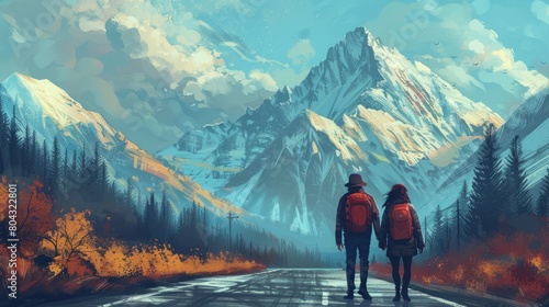 A couple is walking on a road through the mountains.