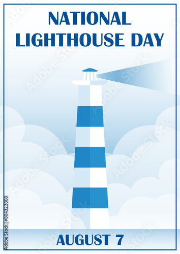 National lighthouse day vector Illustration poster. Landscape of a sea shore with lighthouse among clouds.