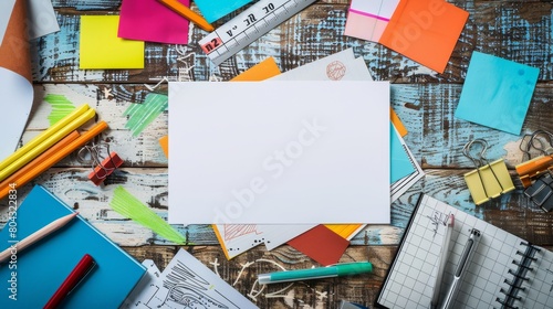 A desk with a blank sheet of paper, surrounded by colorful office supplies.