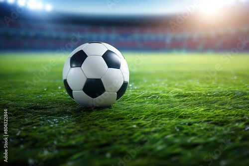 Background of blurred stadium with soccer ball lying on grass. AI Generative