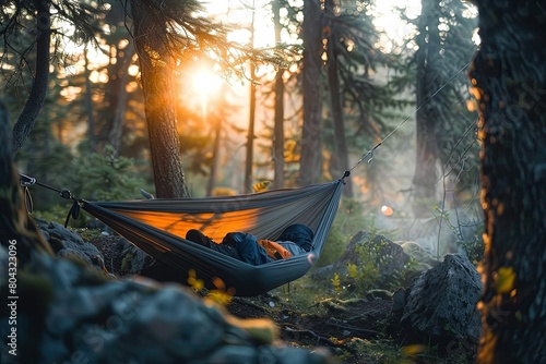a hammock hanging in a forest with the sun shining through the trees photo