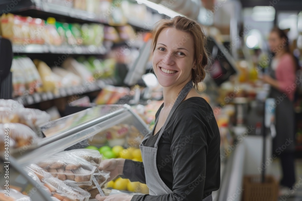 Smiling saleswoman attending customer in supermarket Smiling saleswoman attending customer in supermarket