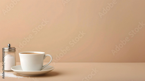 Cup of coffee with salt shaker on beige background. 