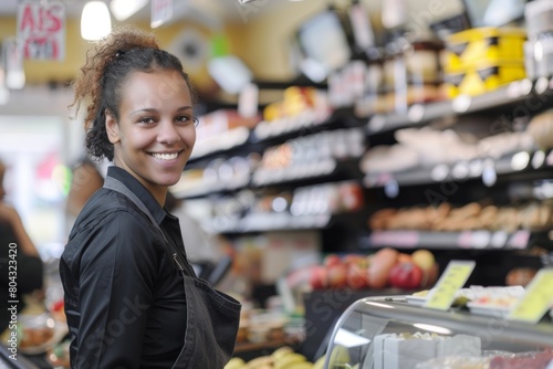 Smiling saleswoman attending customer in supermarket