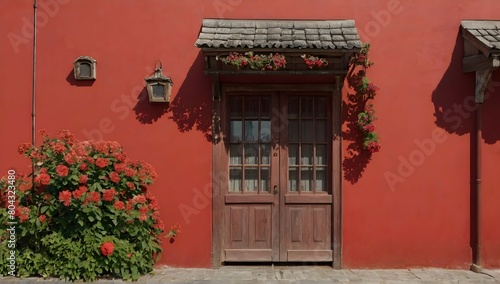 Red painted facade of the house and wooden door with flowers