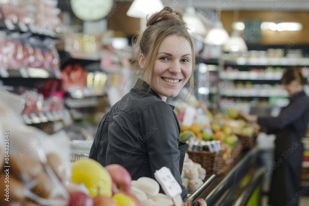 Smiling saleswoman attending customer in supermarket Smiling saleswoman attending customer in supermarket