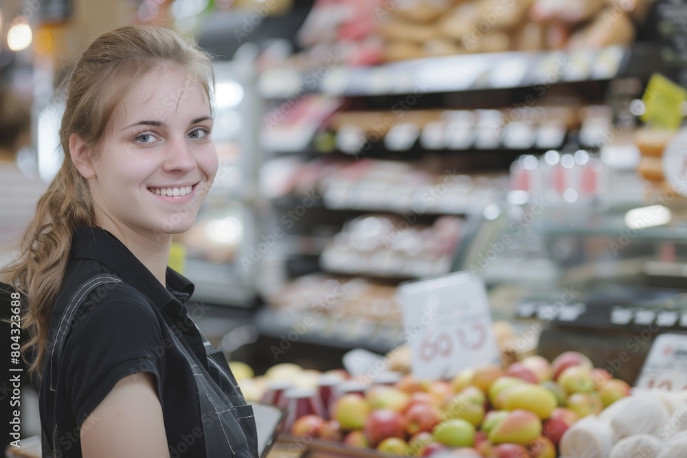 Smiling saleswoman attending customer in supermarket Smiling saleswoman attending customer in supermarket