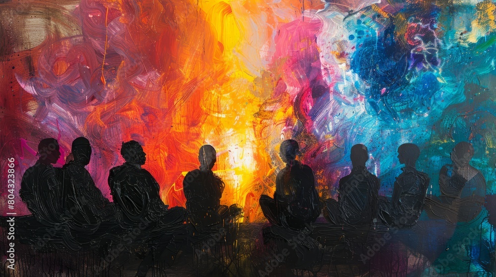 An abstract painting of a group of people sitting around a fire. The painting is full of vibrant colors and has a sense of movement. An abstract painting of a group of people sitting around a fire. The painting is full of vibrant colors and has a sense of movement.