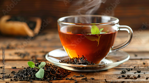 Cup of hot aromatic tea with dry tea leaves on table -