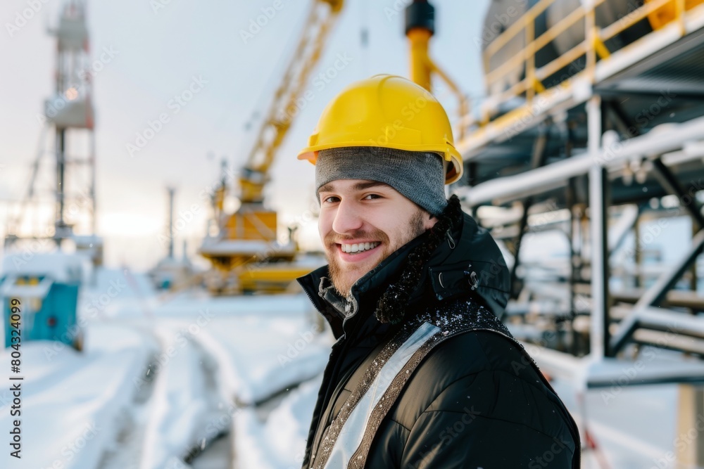 Smiling young engineer wearing hardhat at oil production field in winter Smiling young engineer wearing hardhat at oil production field in winter