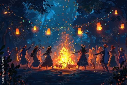 A group of people are dancing around a fire