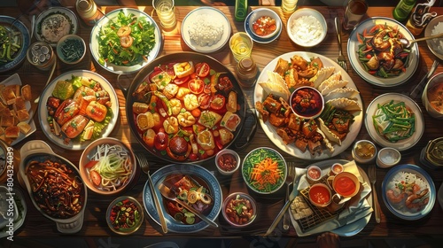 A bountiful feast of various Chinese dishes, including Peking duck, Kung pao chicken, and mapo tofu, is beautifully arranged on a wooden table.